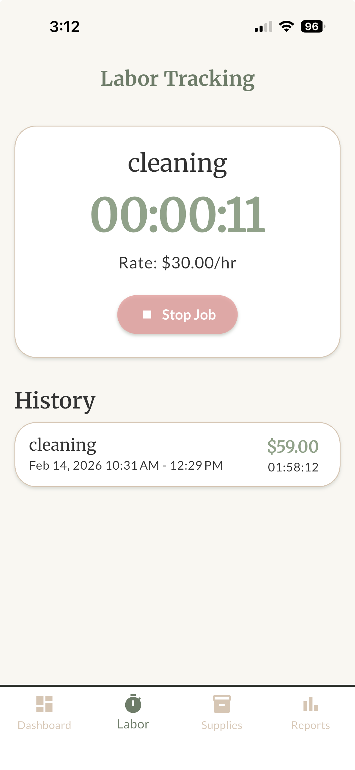 STR Tracker labor tracking screen with active timer showing cleaning job at $30/hr